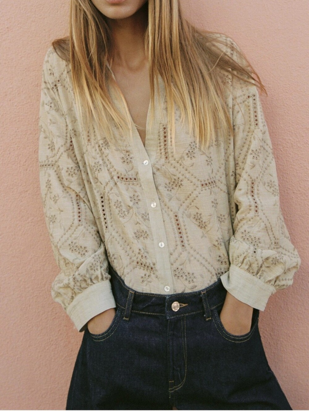 Zara EMBROIDERED EYELET SHIRT(M)